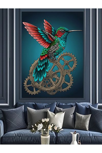 Tablomega Hummingbird and Gear Wheels Decorative Canvas - Mdf Wooden Painting