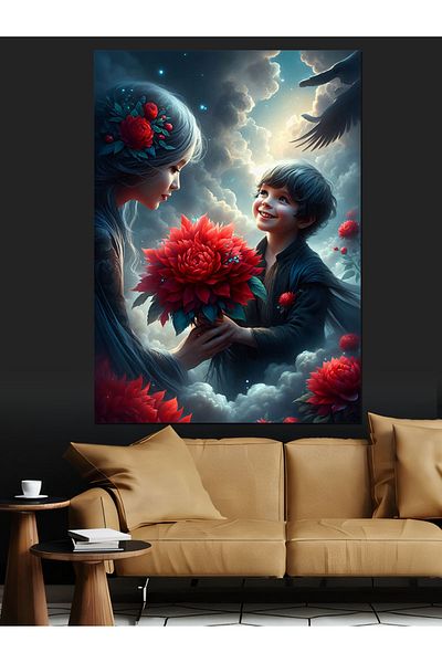 Tablomega Child and Woman Giving Red Flower Decorative Canvas - Mdf Wooden Painting