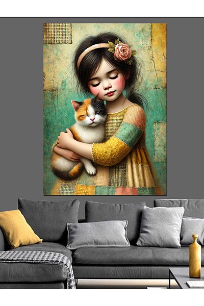 Tablomega Portret Copil cu Pisica Canvas Decorativ - Lemn MDF
