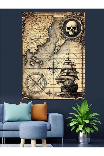 Tablomega Harta piratilor si naveta antică pânză decorativă - pictură din lemn MDF