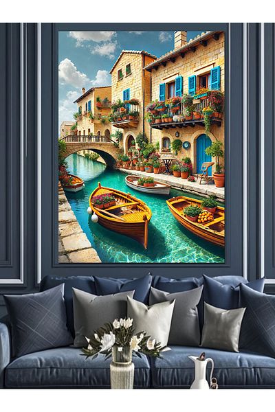 Tablomega Colorful Channels and Houses Decorative Canvas - Mdf Wooden Painting