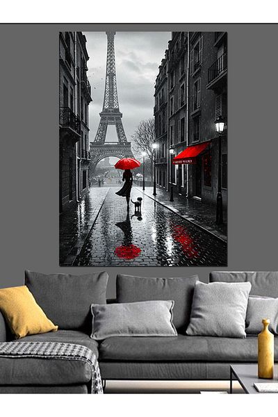 Tablomega Paris Street Decorative Canvas with Red Umbrella - Mdf Wooden Painting