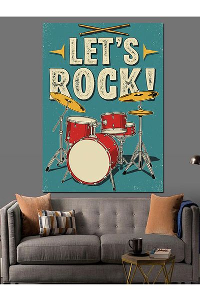 Tablomega "Let's Rock!" And Drum Set Decorative Canvas - Mdf Wooden Table