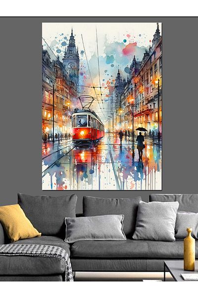 Tablomega Tram and People Oil Paint Decorative Canvas - Mdf Wooden Painting
