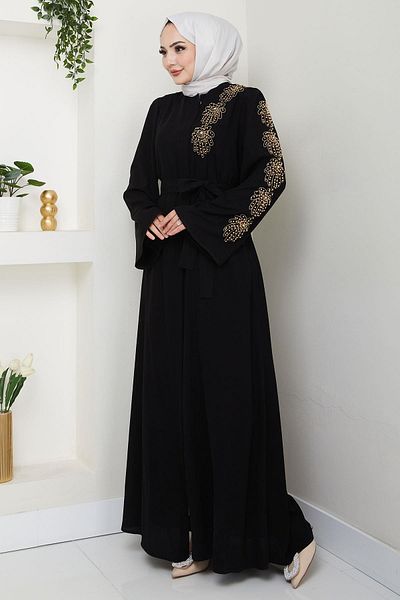 hafsamina Черна HM2713 Кушакъ Абая с цветни камъни