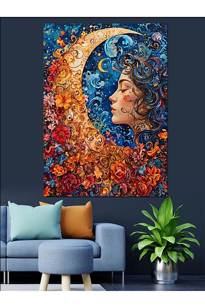 Tablomega Luna și Siluetă Femeie Pânză Decorativă - Lemn MDF