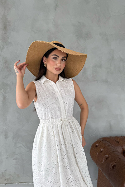 Seda Yalçın Atelier Λευκό φόρεμα με μηδενικό μανίκι με κορδόνια με κέντημα