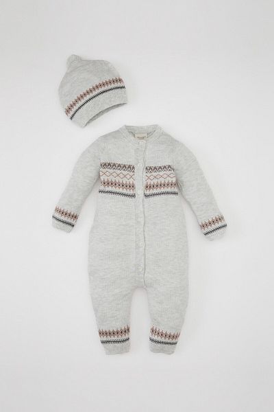 DeFacto Baby Boy Newborn 2-Piece Set Buttoned Long Sleeve Jumpsuit Beanie C9595A524Au