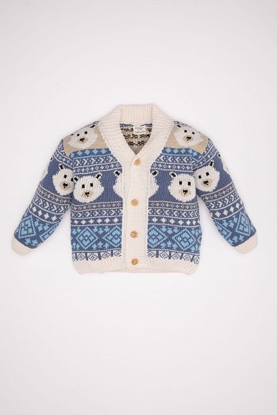 DeFacto Baby Boy Teddy Bear Patterned Stand Collar Buttoned Knitwear Cardigan C8862A524Wn