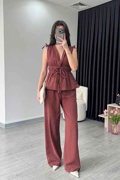 ECEMİ Elina Linen Textured Tile Blouse Trousers Set