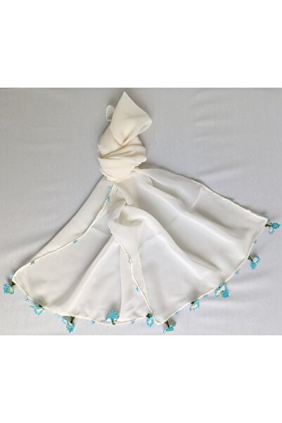 Bircan Hediyelik وشاح كريب كريمي مطرز باللون الفيروزي