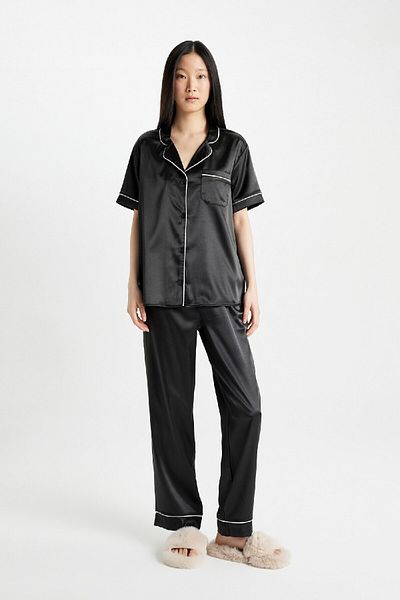 DeFacto Satin Pajama Set - Short Sleeve, Top and Long Bottom D0916Ax24Sm
