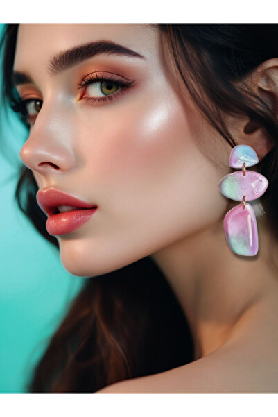 La fee aksesuar Çelik Küpe Iğneli - Renkli & Sedefli Özel Tasarım Pembe Polim...