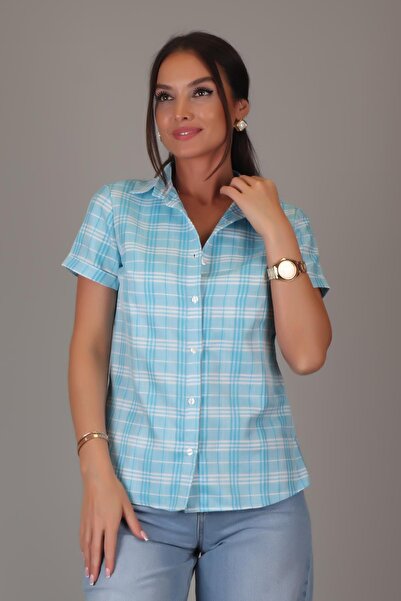 SWEETNESS Cămașă de damă din bumbac cu mânecă scurtă în carouri albastre DK-1190