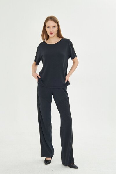 LAMANTE ŞERİTLİ SİYAH MODAL PANTOLON