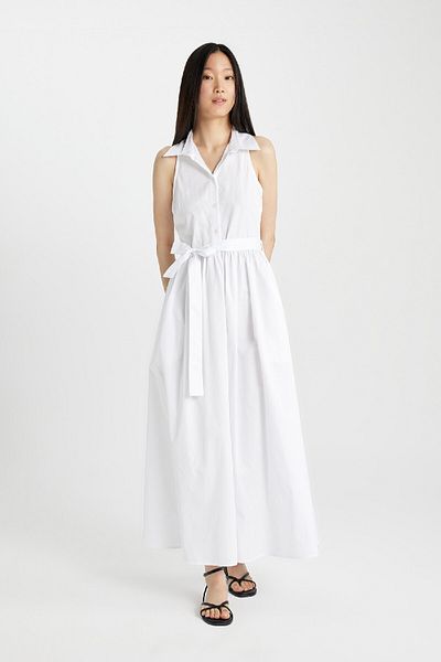 DeFacto Rochie maxi din popelin alba - Guler camasa, fara maneci C9178ax24sm