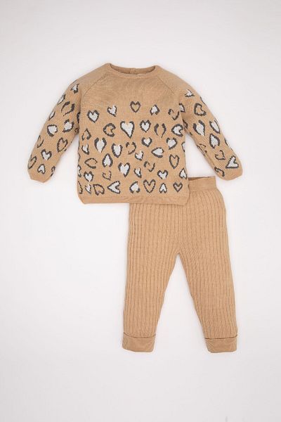 DeFacto Baby Girl 2 Piece Set Leopard Patterned Knitwear Sweater Elastic Waist Knitwear Bottom C9764A524Wn