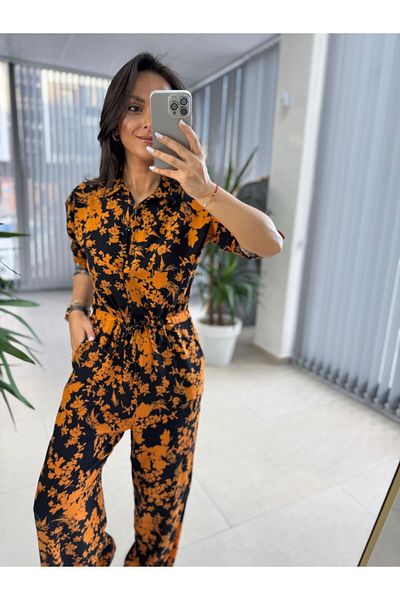 caddstore Cr 1189 Black-Yellow Gathered Jumpsuit with Waist