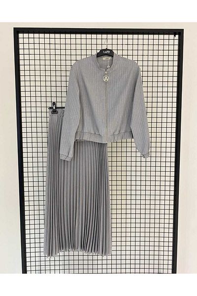Armine TREND Judge Collar Striped Zippered Skirt and Elastic Waist Pleated Skirt
