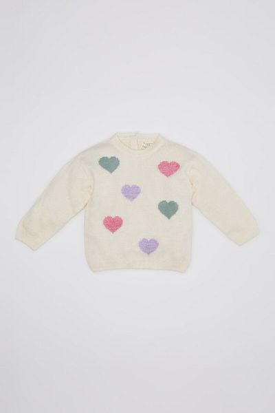 DeFacto Baby Girl Ecru Crew Neck Heart Patterned Knitwear Sweater C8915A524Wn