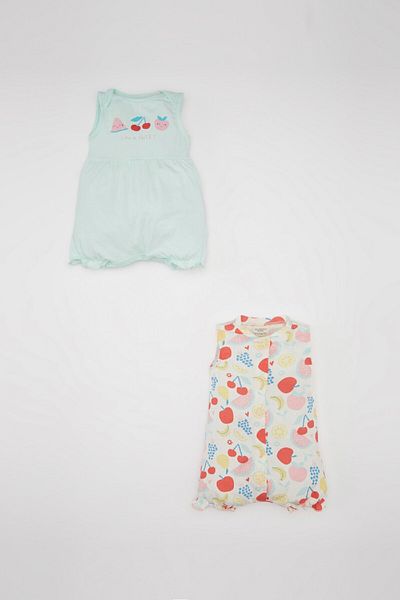 DeFacto Baby Girl Newborn Patterned Combed Cotton 2-Piece Sleeveless Jumpsuit C9520A524Hs