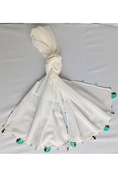 Bircan Hediyelik وشاح كريب كريمي مطرز بالقرنفل باللون الفيروزي