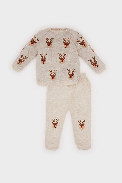 DeFacto New Year Printed Baby Boy Set - Crew Neck, Long Sleeve, Knit Sweater, Elastic Waist Bottom C9600A