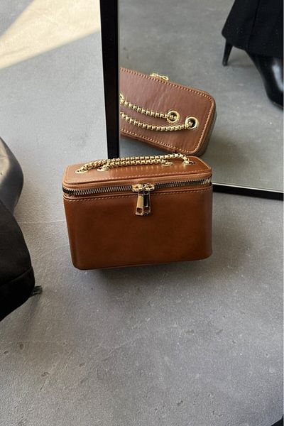 LEONAS Chain Strap Box Model Γυναικεία τσάντα χεριού και ώμου Calliope Brown