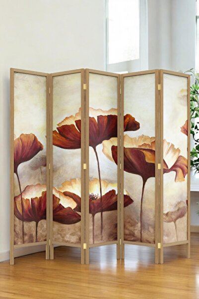 Fupe Shop Doğal Ahşap Çiçek Tek Taraf Baskılı 5 Kanat Paravan Seperatör Oda B...