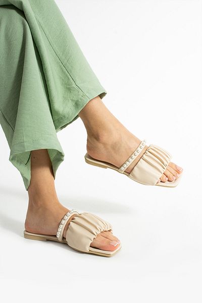 Moda Devrin Papuci de damă Beige cu perle cu șnur