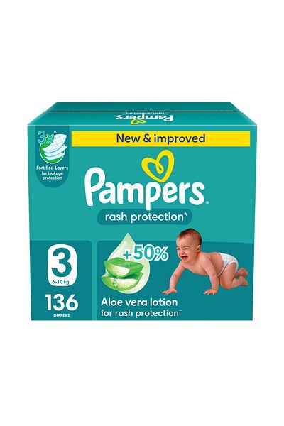 Pampers Rash Protection Taped Diapers, Size 3, 6-10kg, 136 Count, +50% Aloe, 3x Leak & Rash Guard Layers