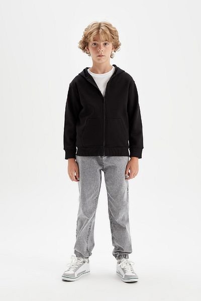 DeFacto Boy's Basic Plain Black Hooded School Cardigan with Zipper Pockets X7382A624Au