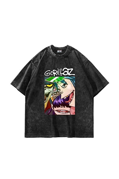 Bak Moda Crna uniseks oversize T-majica sa Gorillaz printom, oprana