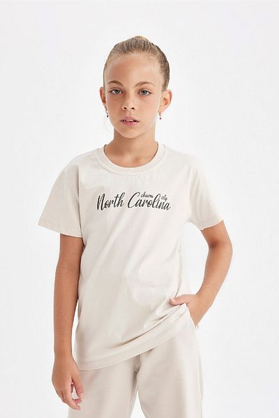 DeFacto Girl's Crew Neck Text Printed Short Sleeve School T-Shirt C8460A824Au