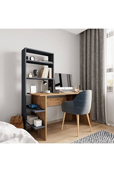 ALONEX HOME Mobilya Antrasit Kitaplıklı Çalışma Masası , Ders Çalışma Masası , Raflı Çalışma Masası
