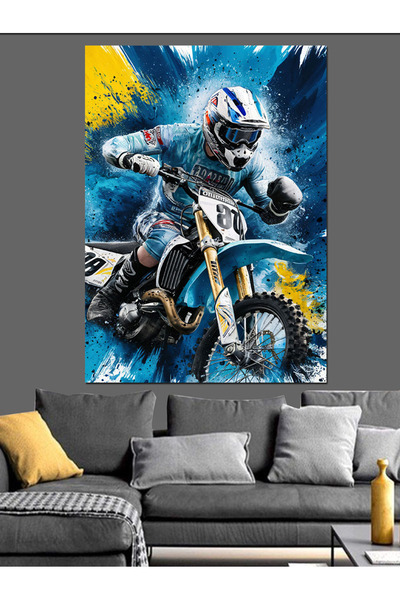 ekart Cross Motorcu Dekoratif Kanvas - Mdf Ahşap Tablo