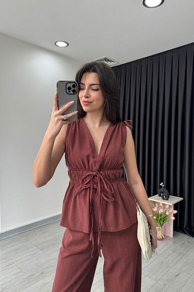 ECEMİ Elina Linen Textured Tile Blouse Trousers Set