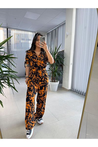 caddstore Cr 1189 Black-Yellow Gathered Jumpsuit with Waist