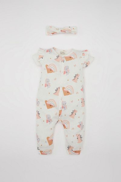 DeFacto Dinosaur Print Waffle Romper and Bandana Set for Newborn Baby Girl - Short Sleeve C9484A524Sm