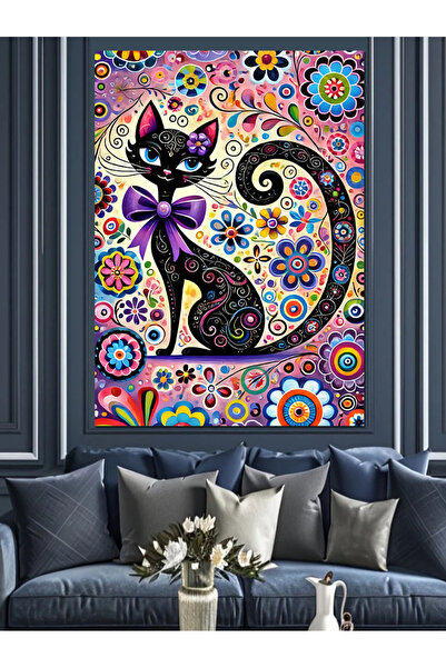 ekart Renkli Kedi ve Soyut Sanat Dekoratif Kanvas - Mdf Ahşap Tablo