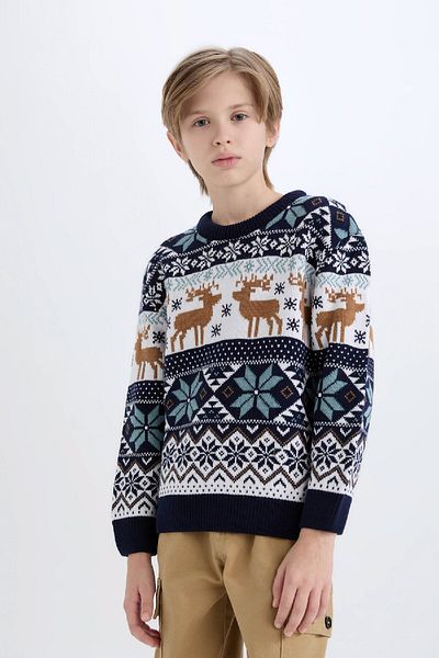 DeFacto Boy's Crew Neck Christmas Themed Knitwear Sweater C9619A824Cw