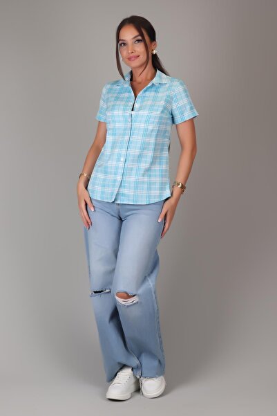 SWEETNESS Cămașă de damă din bumbac cu mânecă scurtă în carouri albastre DK-1190