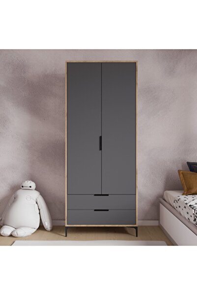 ALONEX HOME Aden 2 Kapaklı Çekmeceli Full Antrasit Gardırop, Elbise Dolabı, Çocuk Odası