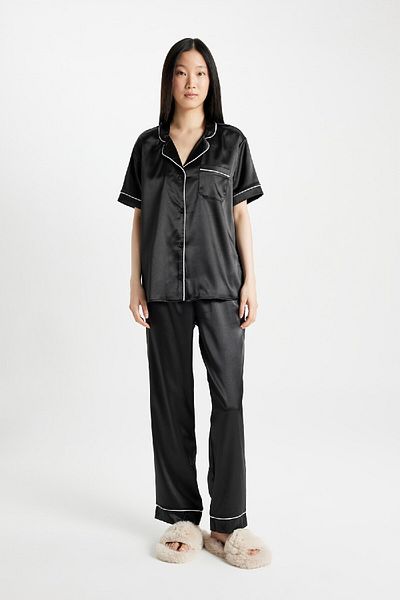 DeFacto Satin Pajama Set - Short Sleeve, Top and Long Bottom D0916Ax24Sm