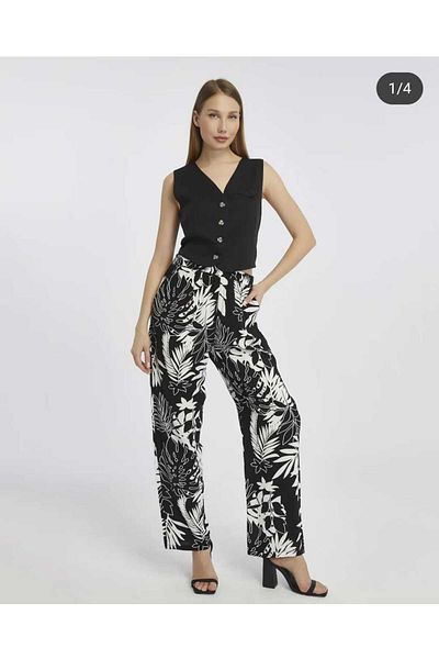 BUUFUU Summer Patterned Viscose Fabric Women's Trousers with Elastic Waist