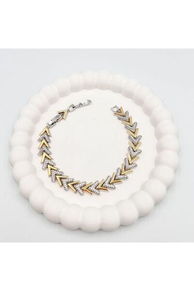 DEMOKAN سوار نسائي بتفاصيل حجرية مسطحة على شكل حرف V - سلسلة خاصة