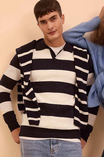 DeFacto Standard Fit Regular Cut Striped Polo Collar Knitwear Sweater Y4194Az24Wn