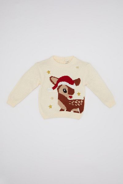 DeFacto Baby Girl Crew Neck Christmas Themed Knitwear Sweater C8418A524Wn