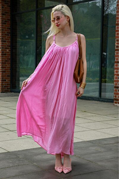 Madmext Pembe Halter Yaka Askılı Uzun Basic Kadın Elbise MG2163