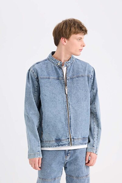 DeFacto %100 Pamuk Kolej Yaka Fermuarlı Cepli Denim Ceket D0420AX24AU